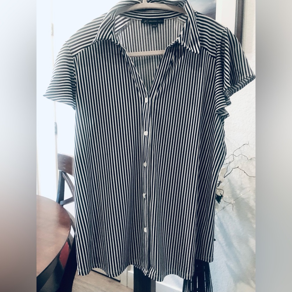 ADRIANNA PAPELL Navy and White Vertical Stripe Button-Up Blouse